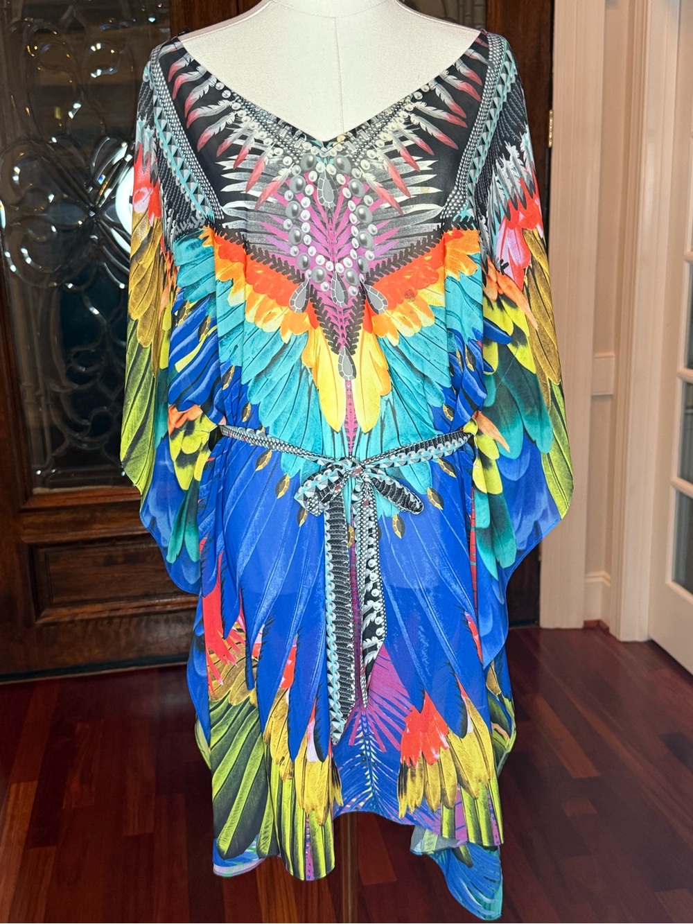 Hale Bob Feather Print Caftan Dress Belted L
